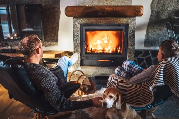 Vater Und Sohn Sitzen Bequemen Sesseln Ihrem Gemütlichen Landhaus Kamin — Stockfoto