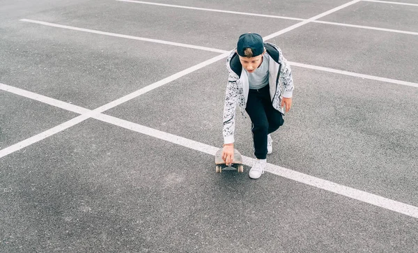 Teenager Skateboarder Boy Skateboard Asphalt Playground Doing Tricks Youth Generation — Stock Photo, Image