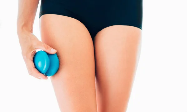 Young Female Making Massage Using Silicone Cup Vacuum Cupping Cellulite — Stock Photo, Image