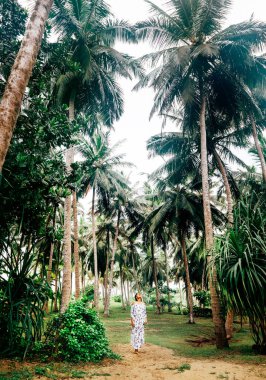 Uzun elbiseli küçük kadın heykelciği dev palmiye ağaçlarının altında.