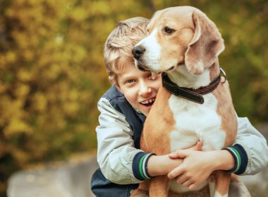 Mutlu gülümseyen çocuk en iyi arkadaşı av köpeğini kucaklıyor.