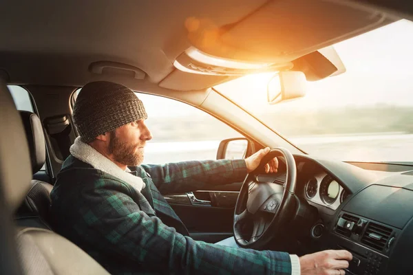 Car View Warm Dressed Bearded Man Driving New Modern Lhd — Stock Photo, Image