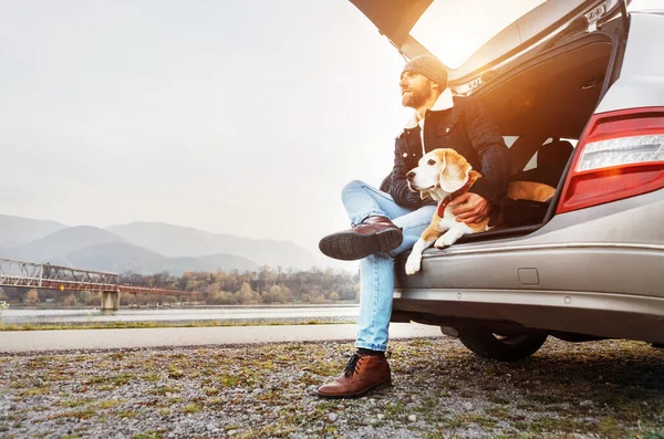 暖かい服を着たパンの男が車のトランクにビーグルと座っている ペットとの旅行 — ストック写真