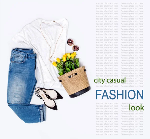 Spring Summer Basic Denim Casual City Trend Outfit Woman — Stock Photo, Image