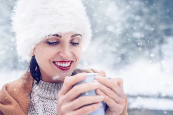 Happy Smiling Woman Cup Hot Tea Snow Forest — Stock Photo, Image