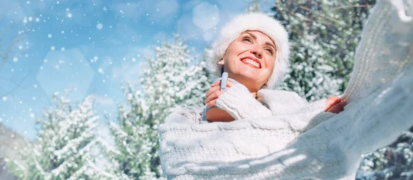 Happy Smiling Woman Portrait Knitwear Fur Hat Enjoys Hot Cup — Stock Photo, Image