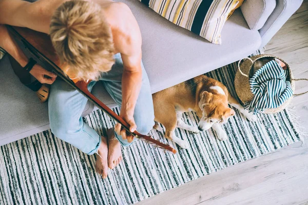 Jovem Toca Guitarra Sentado Sofá Ambiente Acolhedor Casa Beagle Cão — Fotografia de Stock