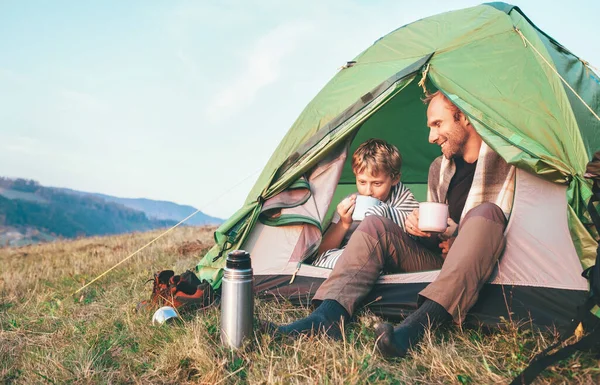 Father Son Drink Hot Tea Sitting Camp Tent — Stock Photo, Image