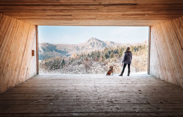 Frau Mit Hund Bleibt Großer Holzhalle Und Blickt Auf Verschneite — Stockfoto