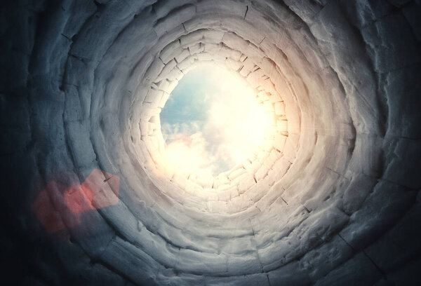 Deep Snowy well bottom sky view , Zakopane , Poland