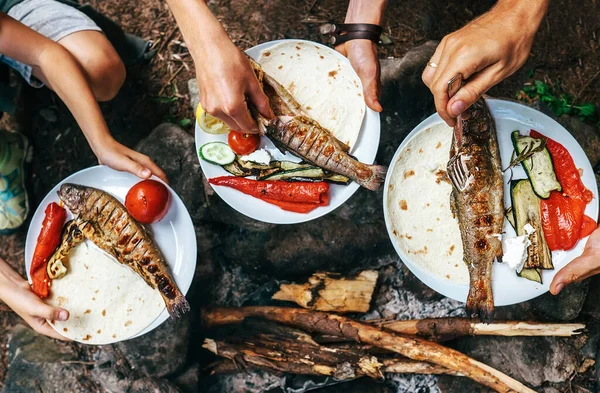 Fresh prepared dinner with grilled trouts and vegetables. Summertime family picnic near campfire top view