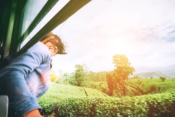 Happy Woman Looks Out Train Window Traveling Most Picturesque Train — Stock Photo, Image