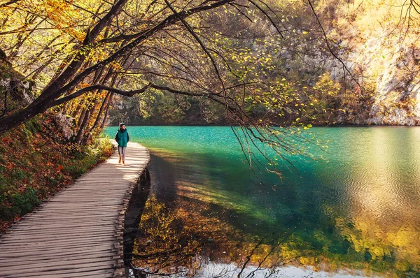 Parque Natural Croacia Lagos Plitvice Otoño Niño Camina Sobre Puente —  Fotos de Stock