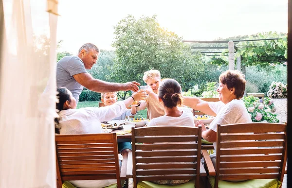 Three Generations One Family Have Dinner Summer Garden — Stock Photo, Image