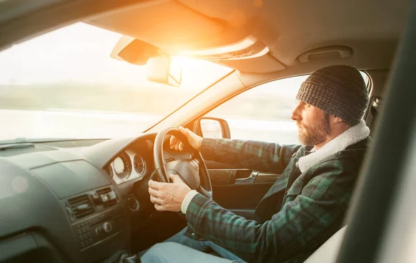 Warm Dressed Bearded Man Driving New Modern Auto Car View — Stock Photo, Image
