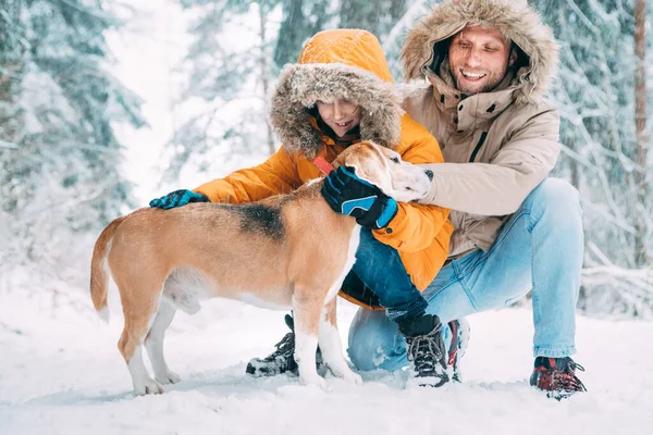 父亲和儿子 穿着保暖帽衫 带着他们的猎犬狗散步 他们爱抚他 在雪地的森林里笑着 宠物在家庭和冬季服装的概念形象 — 图库照片