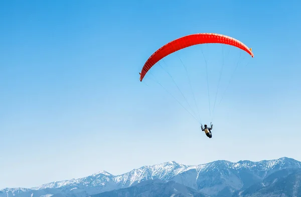 雪の山の頂上にそびえる赤いパラグライダーのスポーツマン — ストック写真
