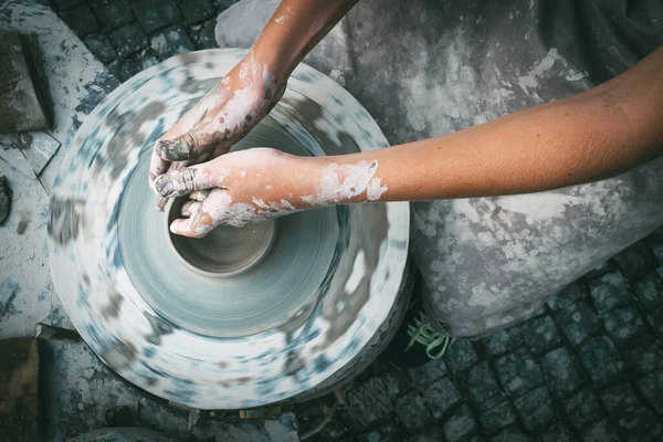 Child Hands Making Pottery Bowl Top View Vertical Image — Stock Photo, Image