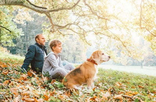 Ojciec Syn Pies Siedzący Jesiennym Parku Ciepły Indyjski Letni Dzień — Zdjęcie stockowe