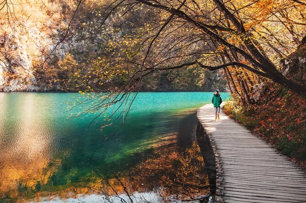 Niño Camina Puente Madera Sobre Lago Montaña Parque Natural Croacia —  Fotos de Stock