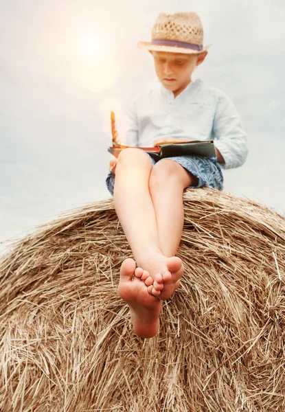 Yalınayak Çocuk Bir Kitap Okuyor Samanlığın Tepesinde Oturuyor — Stok fotoğraf