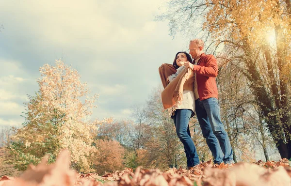 Man Bedekt Zijn Vrouw Schouders Met Warme Sjaal Herfst Park — Stockfoto