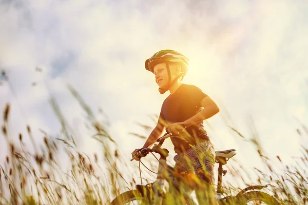 Active Boy Rides Bicycle — Stock Photo, Image