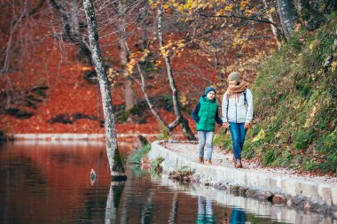 Anne ve oğul göl kenarındaki güzel sonbahar parkında yürüyorlar.
