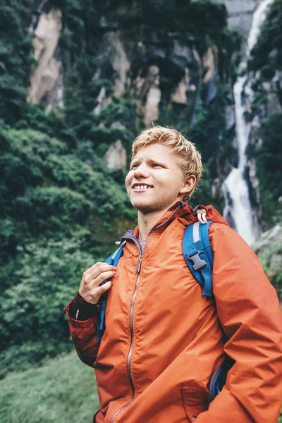 Young Man Traveler Portrait Rainy Forest — Stock Photo, Image