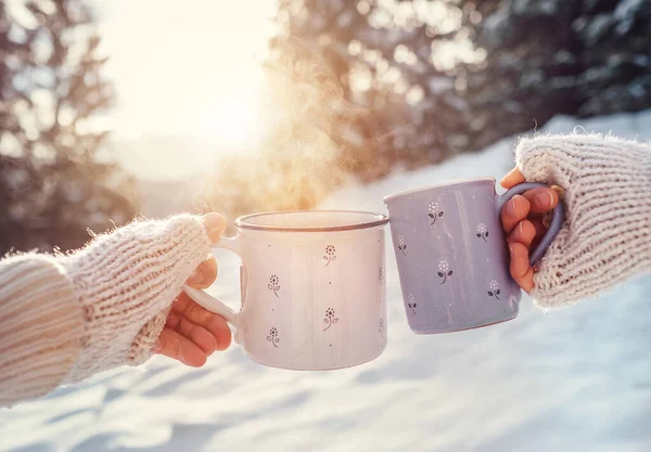 Man Woman Hands Knitting Mittens Cups Hot Tea Winter Forest — Stock Photo, Image