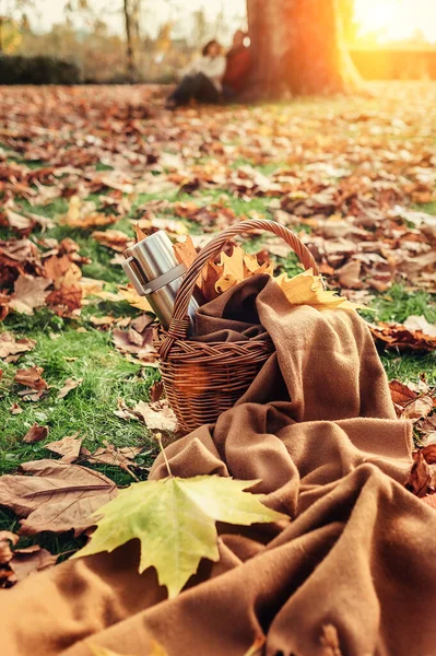 Cesta Para Piquenique Parque Outono Com Casal Amoroso Fundo — Fotografia de Stock