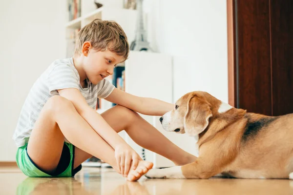 Junge Und Hund Sitzen Hause Auf Dem Boden — Stockfoto