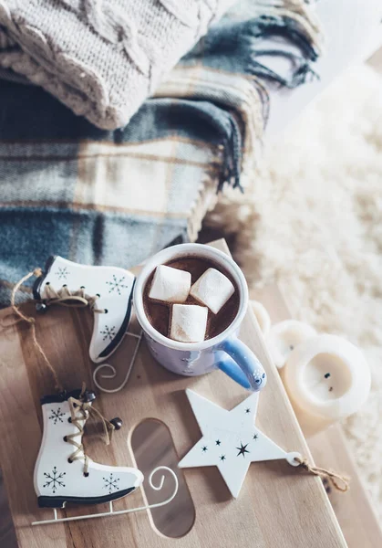 Chocolate Quente Com Doces Marshmallow Interior Acolhedor Doce Casa Atmosfera — Fotografia de Stock