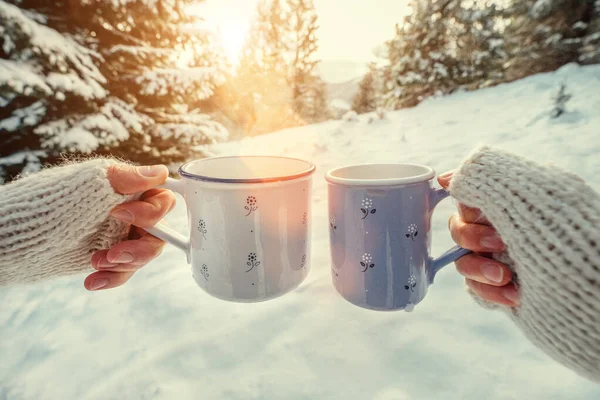 Couple Hands Mittens Take Mugs Hot Tea Winter Forest — Stock Photo, Image