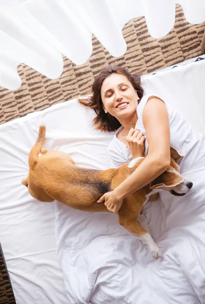 Donna Gioca Con Suo Cane Beagle Letto Mattino — Foto Stock