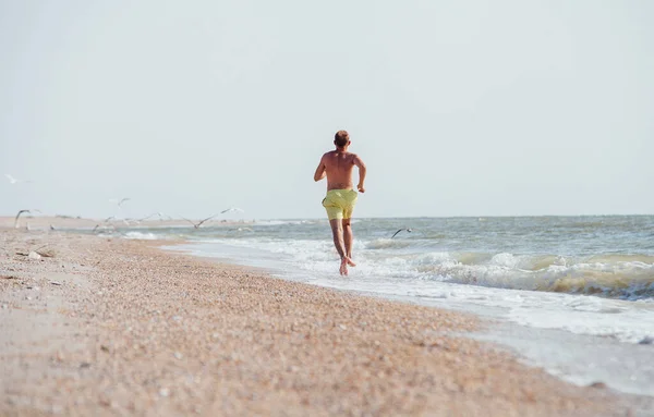 Seorang Pria Berlari Padang Pasir Garis Laut Pada Waktu Pagi — Stok Foto