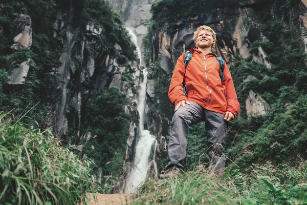 Young Tourist Man Stay Mountain Waterfall — Stock Photo, Image