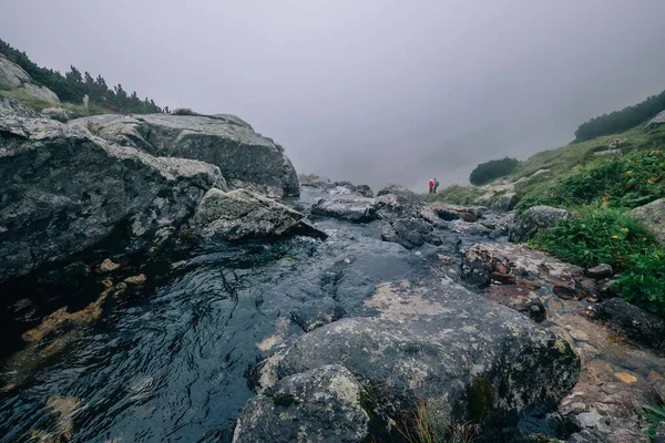 Zwei Reisende Der Hohen Tatra Gebirgsbach Nebliges Wetter — Stockfoto