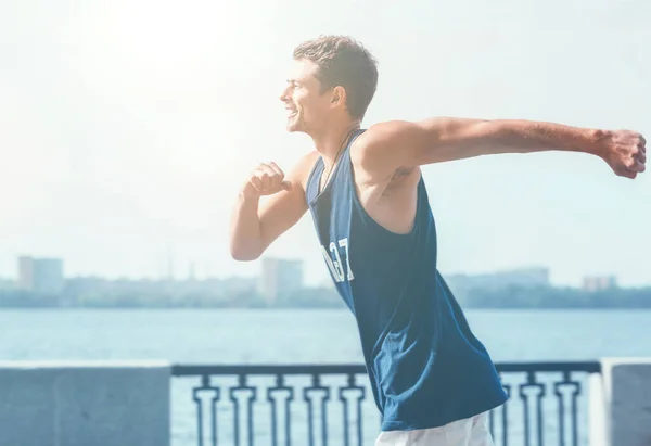 Muscular Active Athlete Young Male Dressed Sleeveless Shirt Running River — Stock Photo, Image