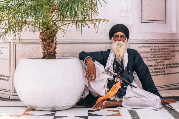 Amritsar Indie Serca Portret Starego Sikha Siedzącego Złotej Świątyni Harmandir — Zdjęcie stockowe