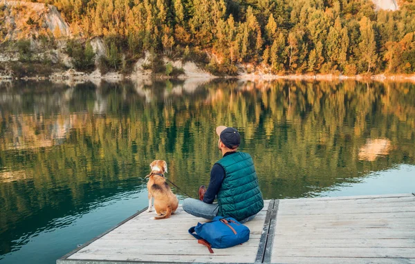 Man Dog Owner His Friend Beagle Dog Sitting Wooden Pier — Stock Photo, Image