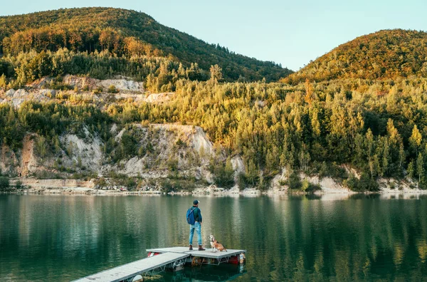 自然の概念的なイメージの中を歩く 秋の季節に歩いている間に 山の湖の上の木製の桟橋でオスの犬の所有者と彼の友人のビーグル犬 人間とペットのコンセプトイメージ — ストック写真