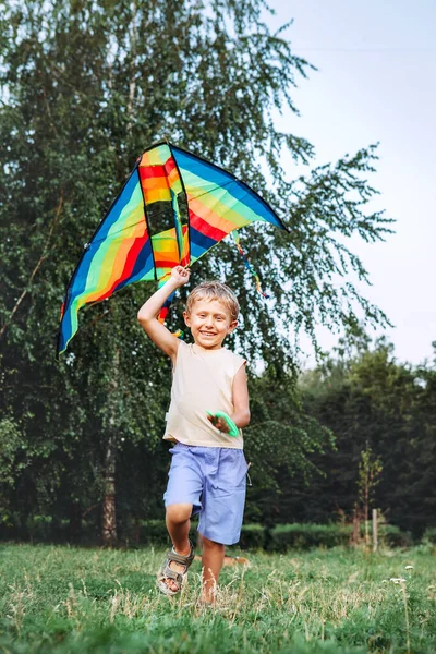 Niño Alegre Corriendo Con Una Cometa Multicolor Prado Hierba Verde — Foto de Stock