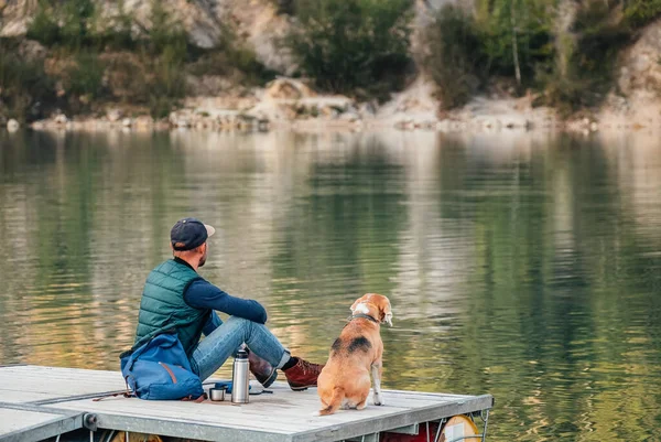 Man Dog Owner His Friend Beagle Dog Sitting Wooden Pier Stock Photo