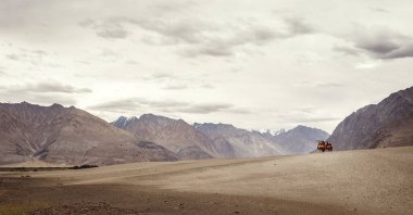 Küçük deve kervanı çöl yolculuğuna çıkıyor.
