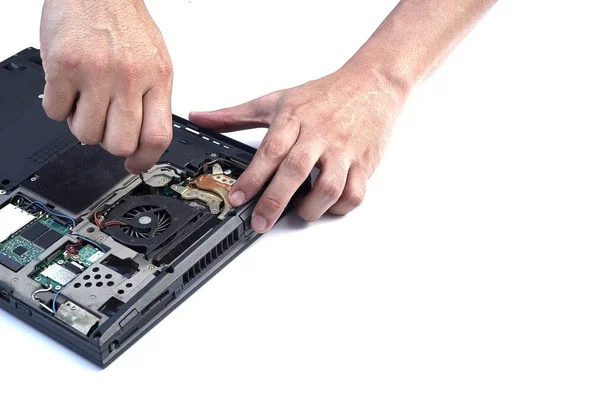 Computer Reparatie Concept Close Van Man Reparatie Laptop Moederbord Met — Stockfoto