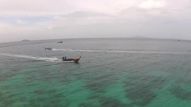 Aerial View Long Tail Boat Ocean Sea Beautiful Crystal Clear — Stock Video