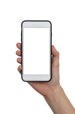 Beyaz arka plan üzerinde izole hareket eden smartphone boş dokunmatik ekran tutan kadınlar el. Boş ücretsiz word, metin için kopya yer. Reklam tasarım veya sahte metni için kullanın. İş, teknoloji kavramı.