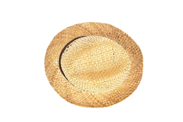 Καλοκαίρι Μπεζ Ψάθινο Καπέλο Που Απομονώνονται Λευκό Φόντο Κοντινό Πλάνο — Φωτογραφία Αρχείου