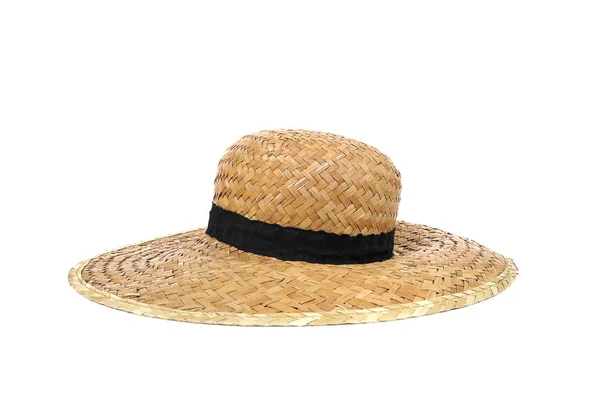 夏天的米色草帽被隔离在白色背景上 用芦苇 藤制成的手工编织宽边帽 装饰与带状带在平原设计 装饰理念 — 图库照片